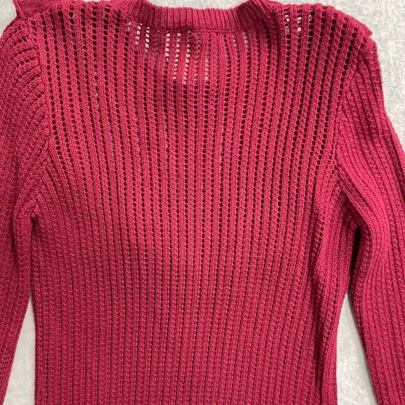 Minnie Rose Sweater Womens Medium Red Open Knit Ruffles Long Sleeve Cotton - Picture 9 of 12